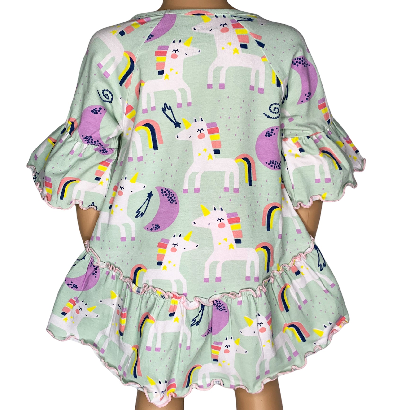 AnnLoren Little & Big Girls Unicorn Cotton Knit shirt with 3/4 angel sleeves, featuring a colorful unicorn print on soft cotton fabric.